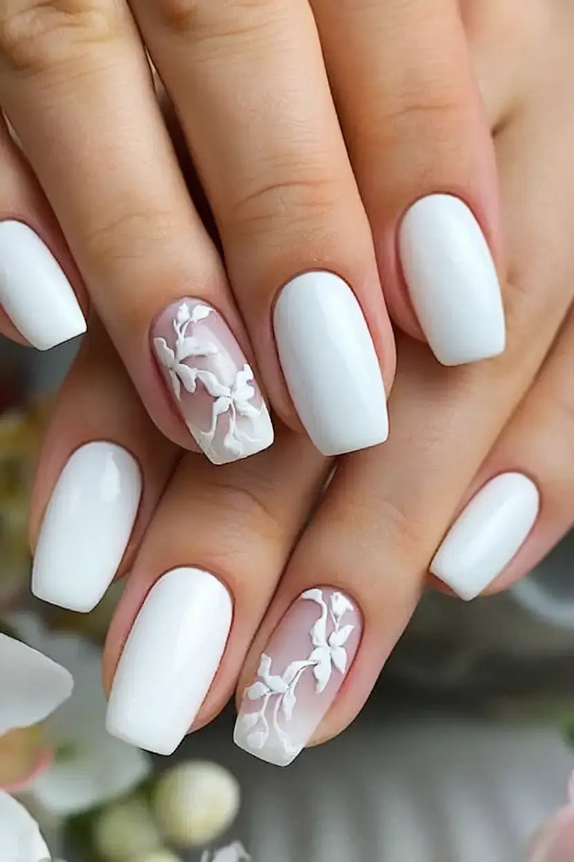 fresh white nail looks for summer 2025 White on White 3D Florals