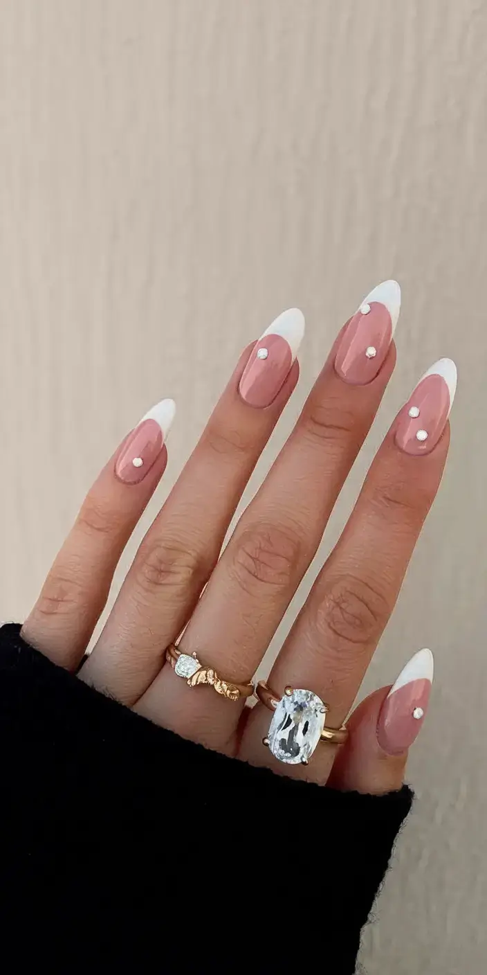 fresh white nail looks for summer 2025 French Almond with Pearly Dots