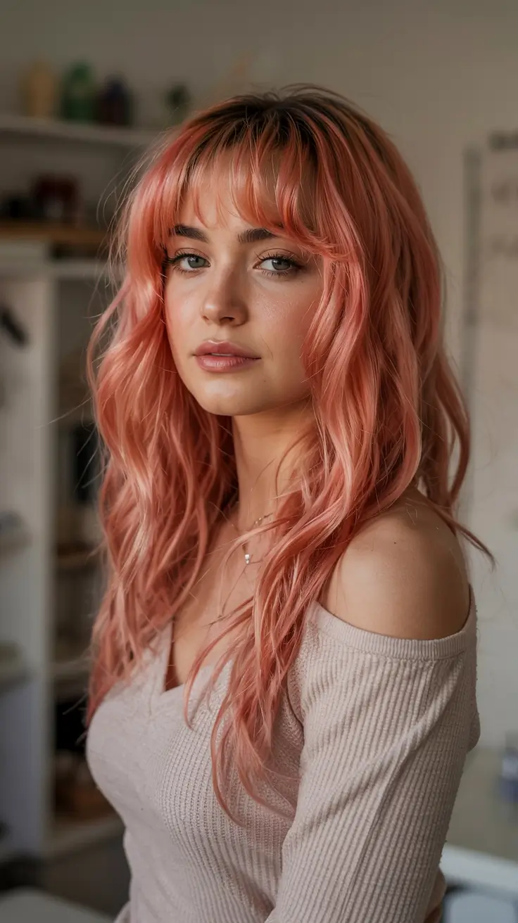Fun fall hair colors 2025 Peachy Blush With Curtain Bangs