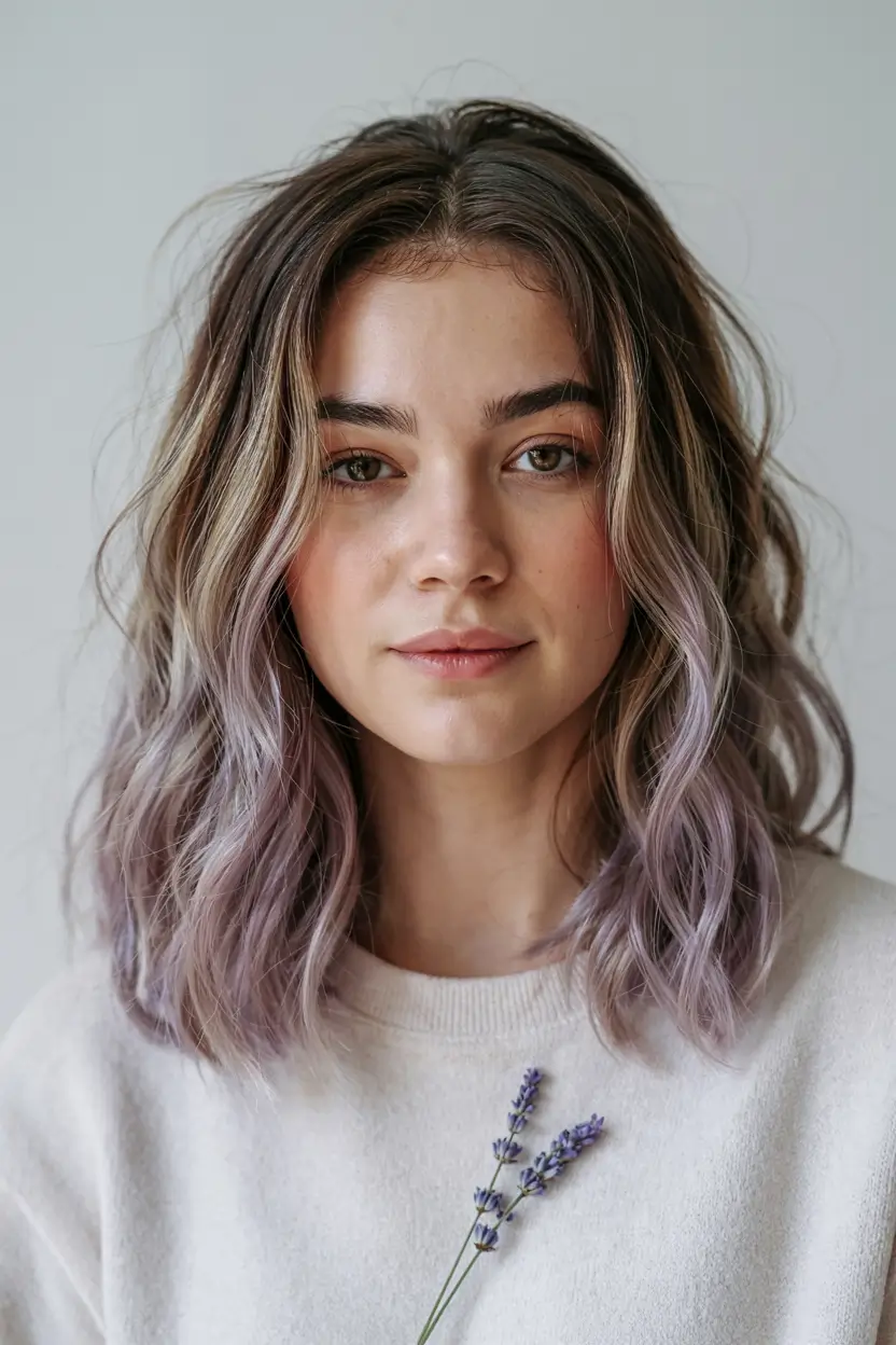 Fun fall hair colors 2025 Soft Lavender Melt on Shoulder-Length Curls