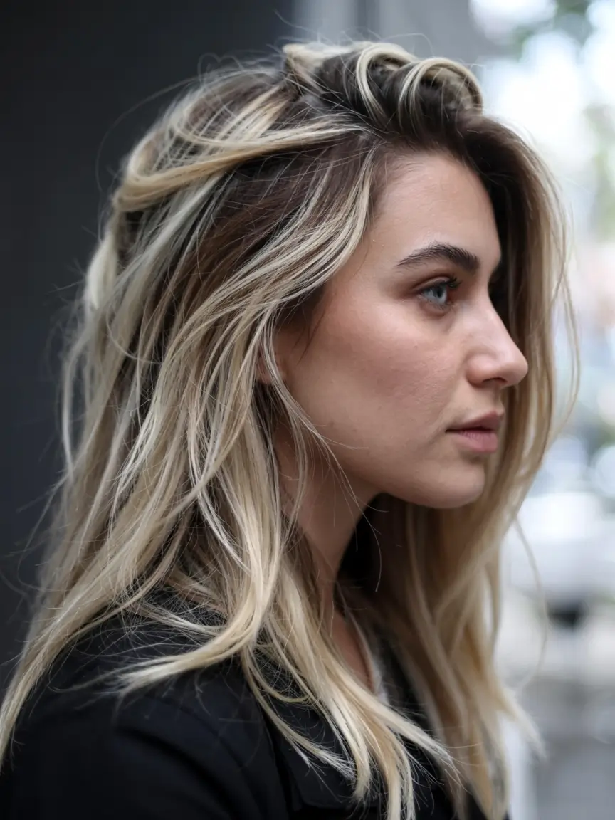 Fun fall hair colors 2025 Rooted Beige Blonde with Wispy Light Streaks