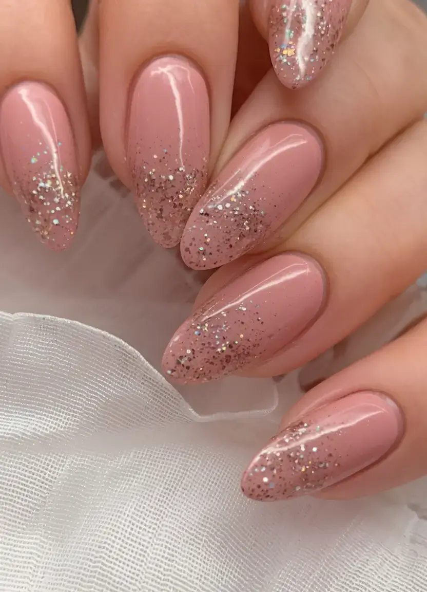 glossy gel nails for summer 2025 Dusty Rose with Glitter Dusting