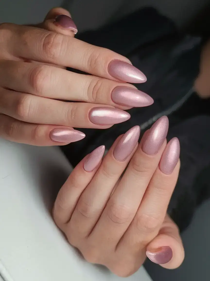 glossy gel nails for summer 2025 Soft Metallic Almond Glow