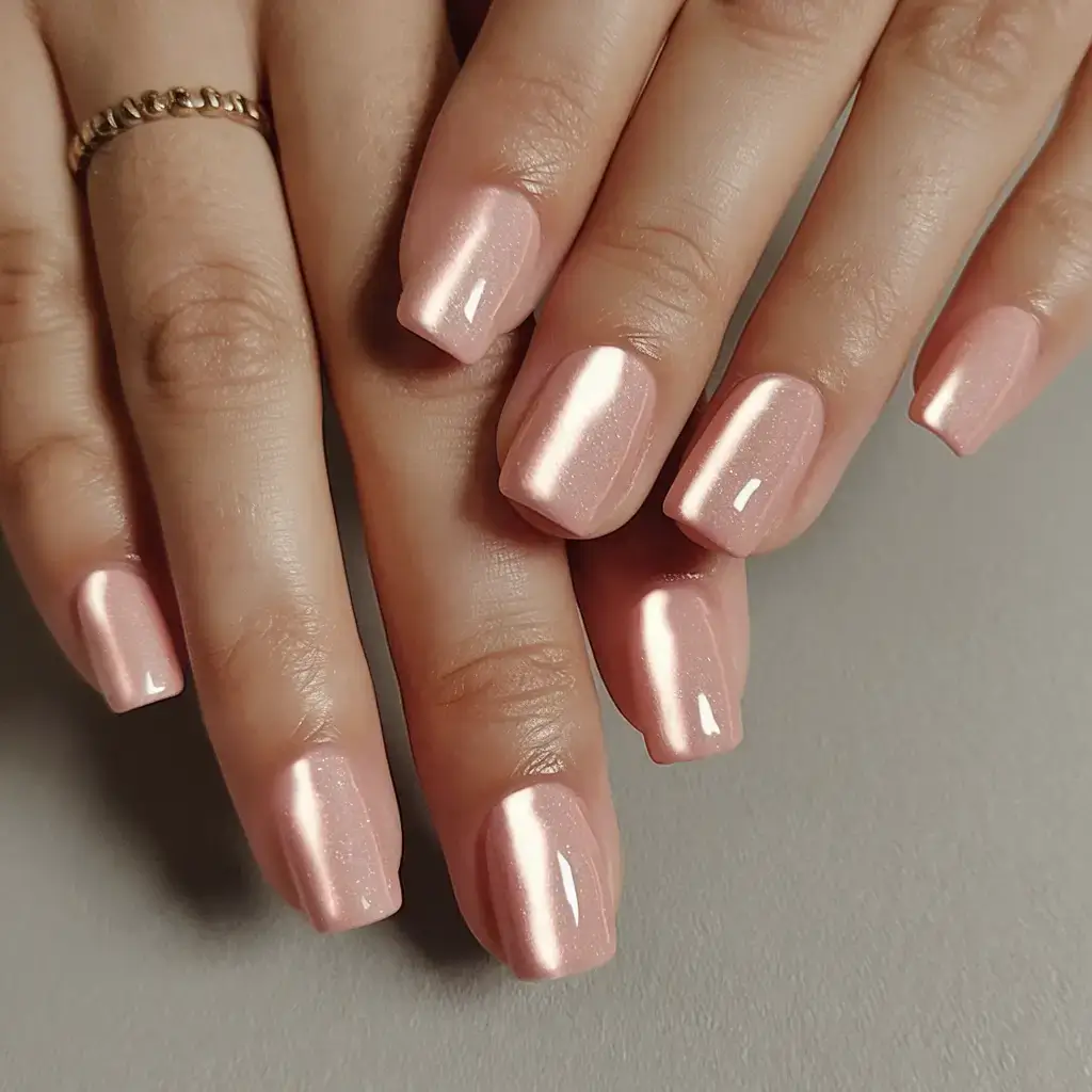 glossy gel nails for summer 2025 Champagne Pearl Squares