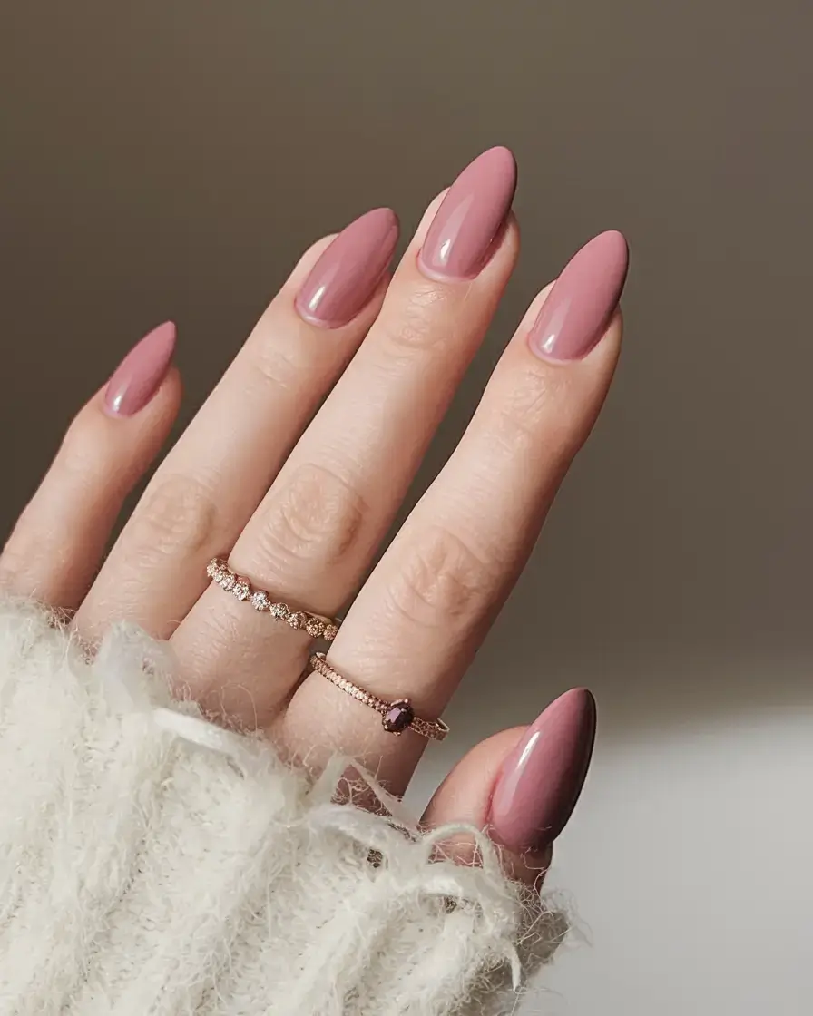 glossy gel nails for summer 2025 Dusty Rose Almond Glaze