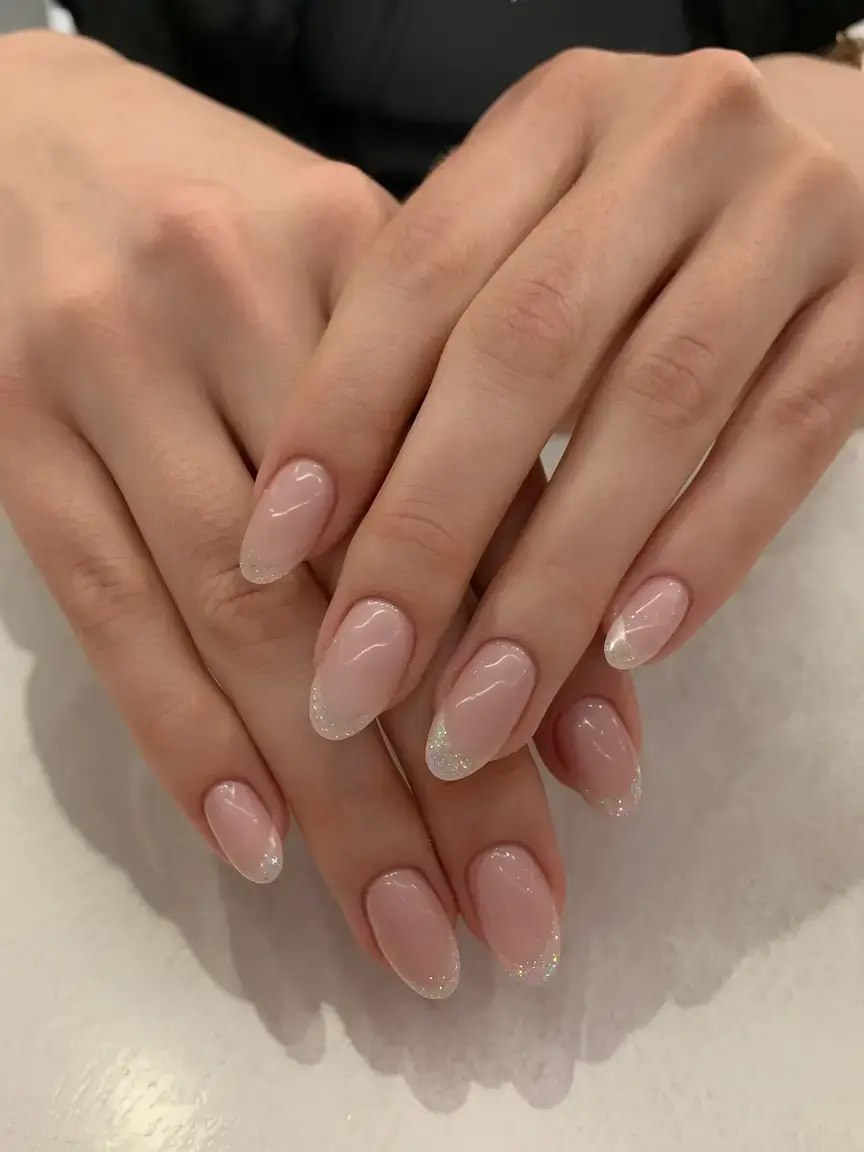 glossy gel nails for summer 2025 Glitter-Tipped Blush Glow