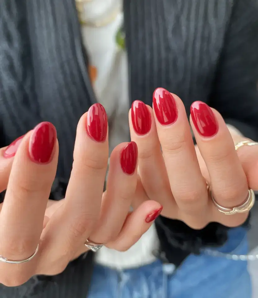 glossy gel nails for summer 2025 Classic Red with a Modern Summer Shine