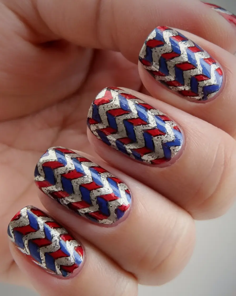 Inspired Nail Designs for July 4th 2025 Metallic Chevron Patriotic