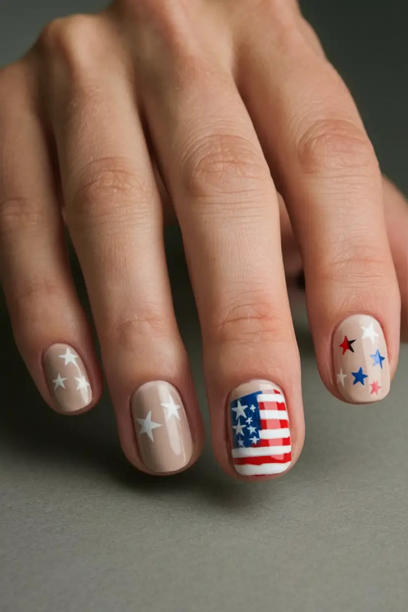Inspired Nail Designs for July 4th 2025 Soft Nude Americana