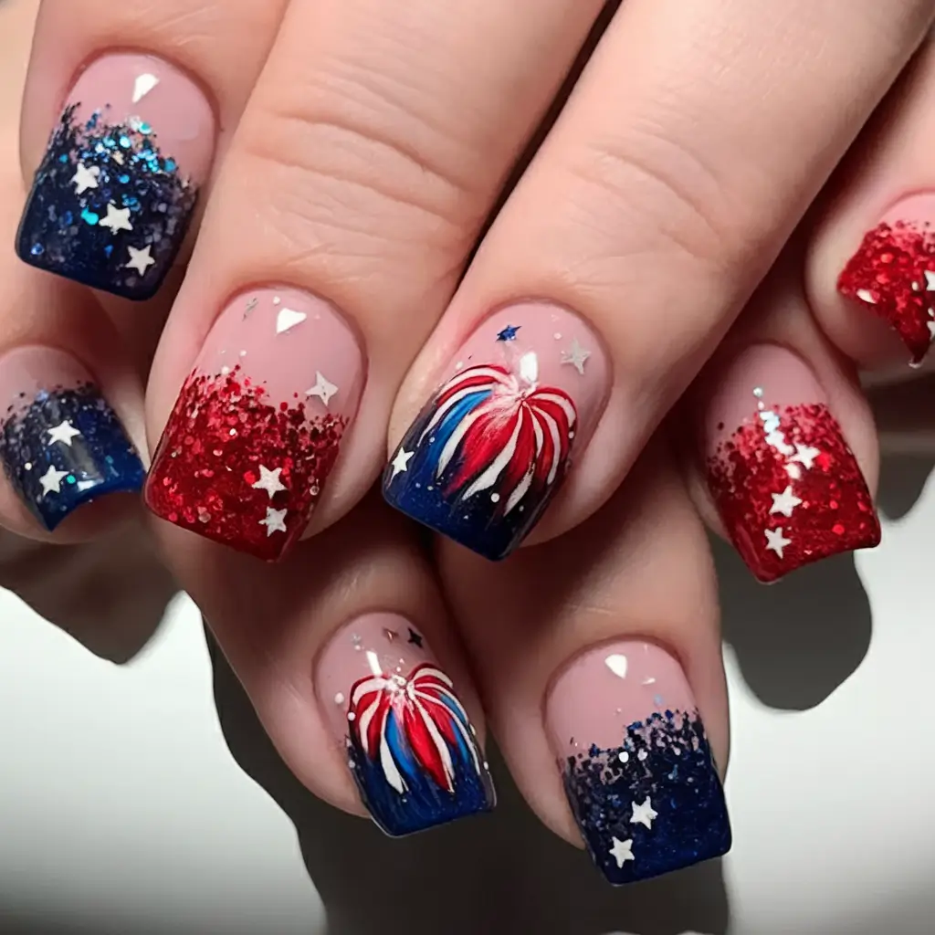 Inspired Nail Designs for July 4th 2025 Glitter Ombre Fireworks