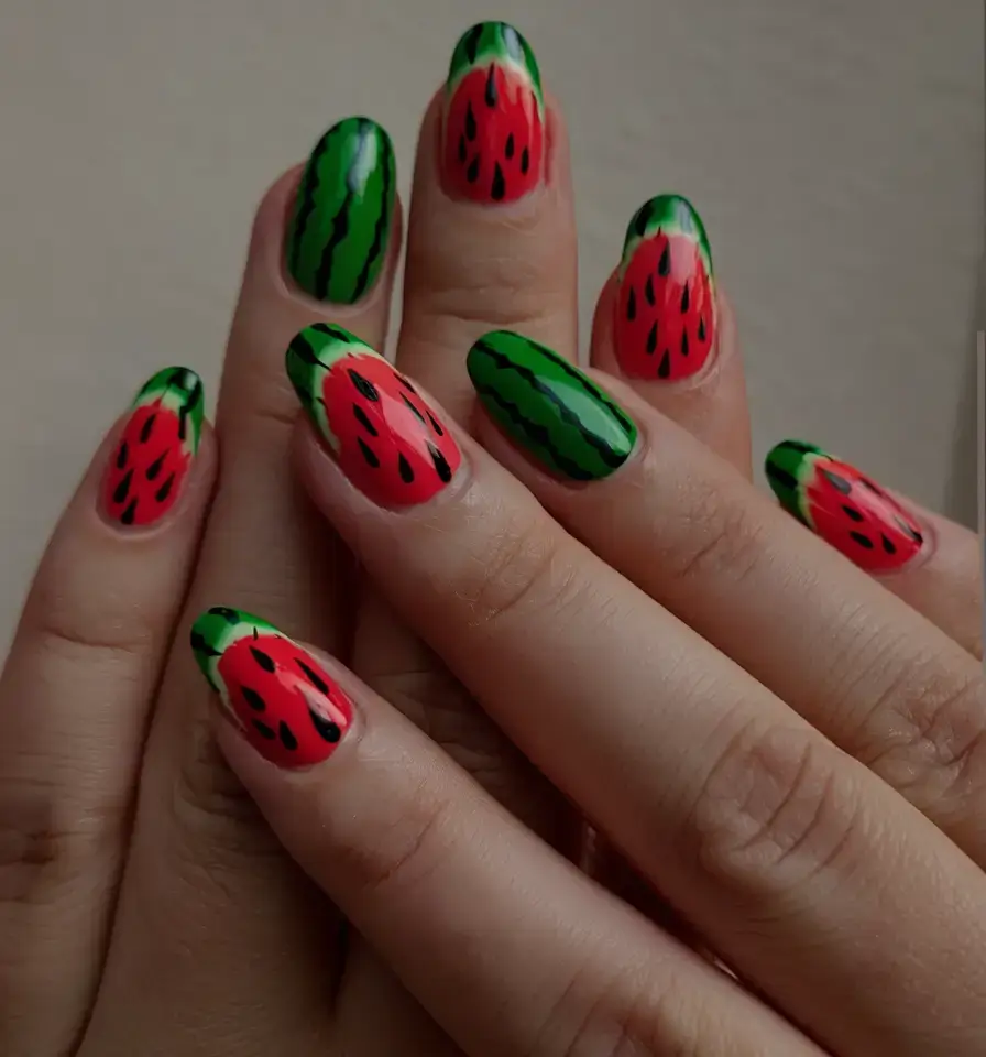 juicy watermelon nails to try in 2025 Bold Contrast Melon Vibes