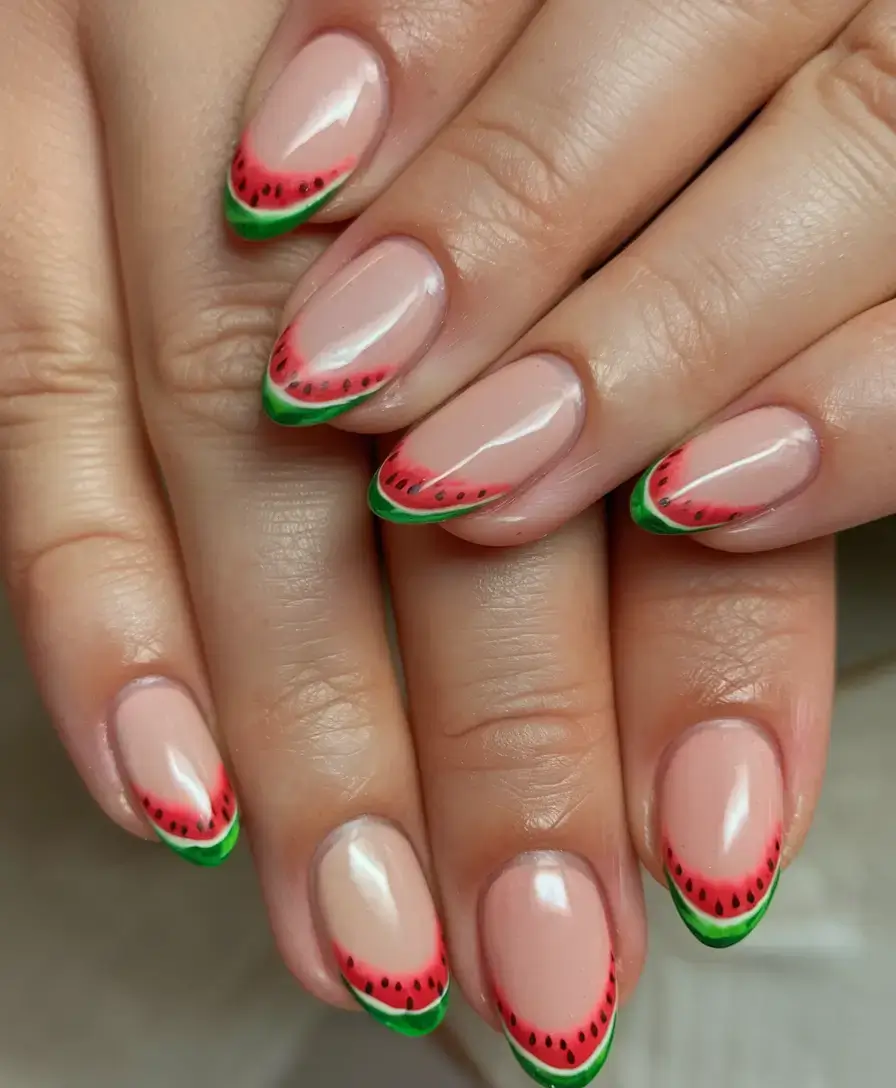 juicy watermelon nails to try in 2025 Delicate Watermelon French Arcs