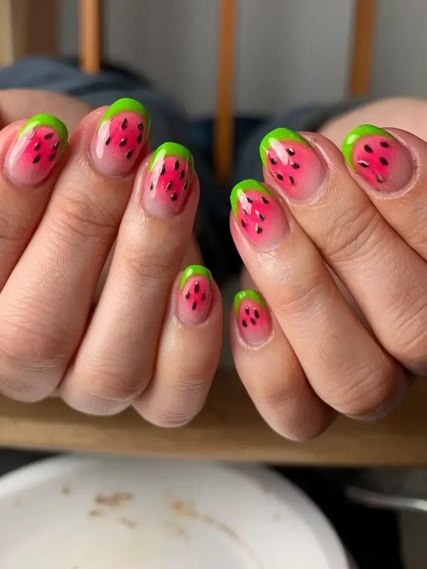 juicy watermelon nails to try in 2025 Neon French Melon Glow