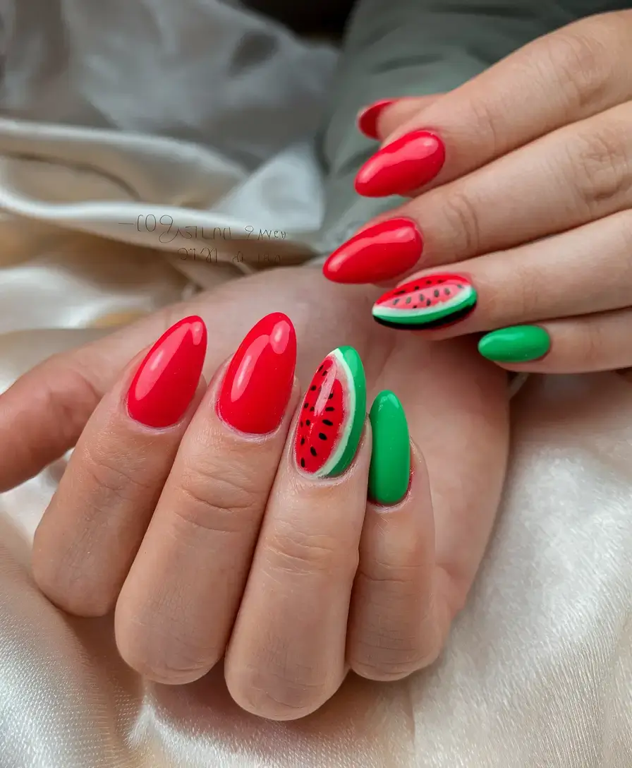 juicy watermelon nails to try in 2025 Classic Glossy Summer Melon