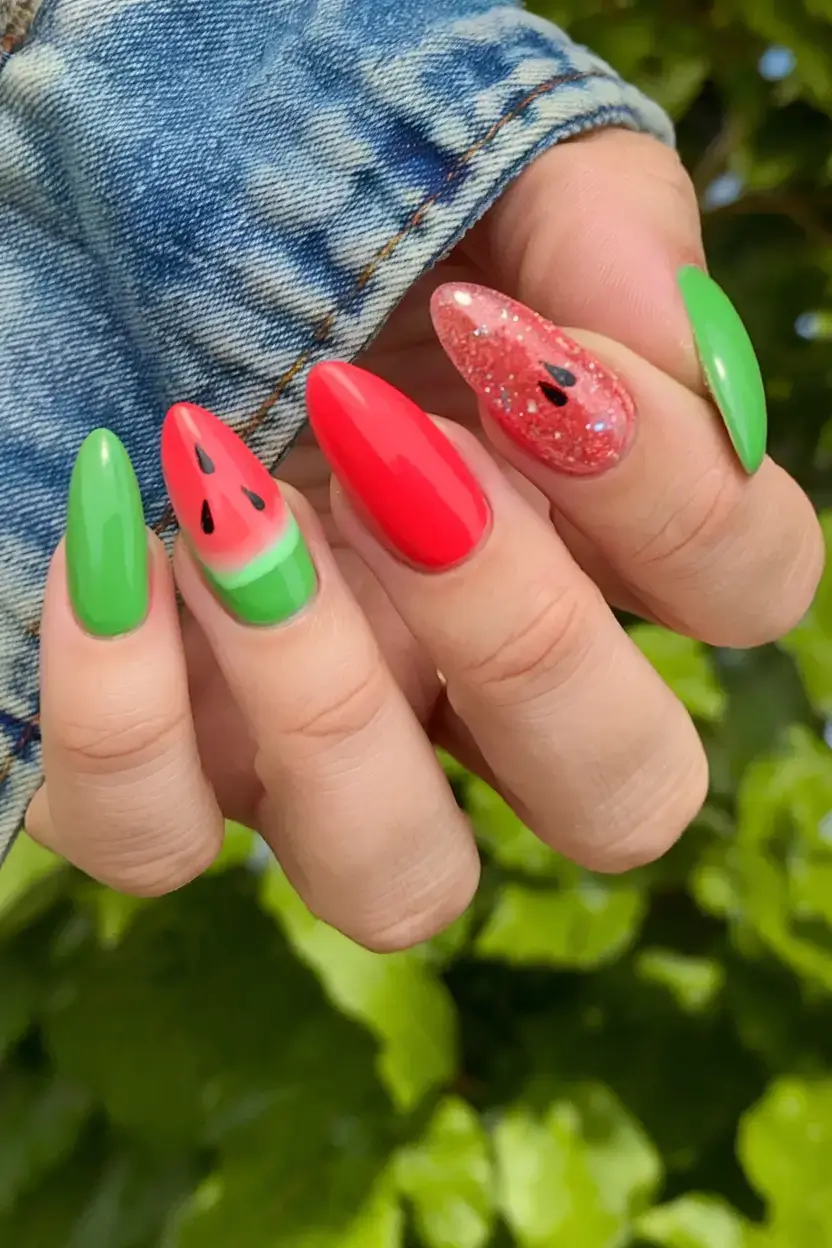 juicy watermelon nails to try in 2025 Playful Green & Glitter Seed Mix