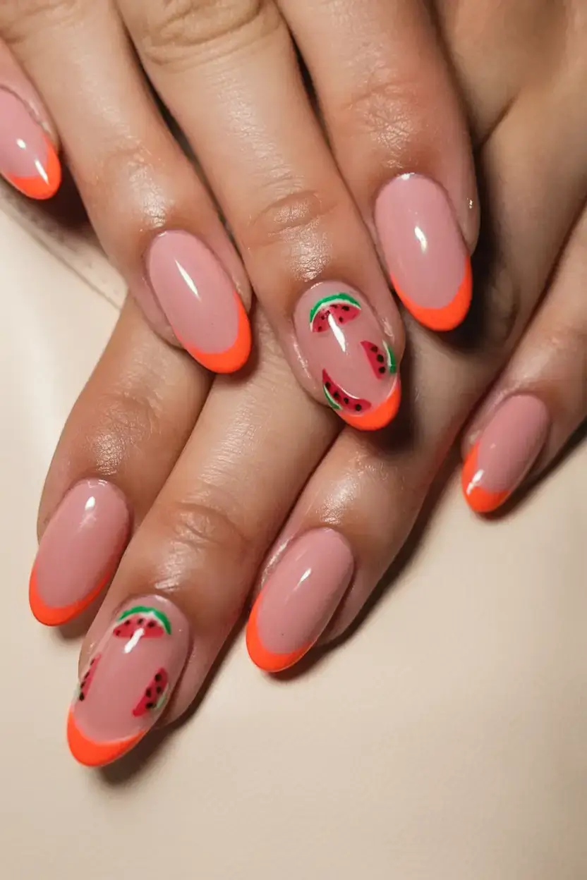 juicy watermelon nails to try in 2025 Neon Coral French with Watermelon Slices