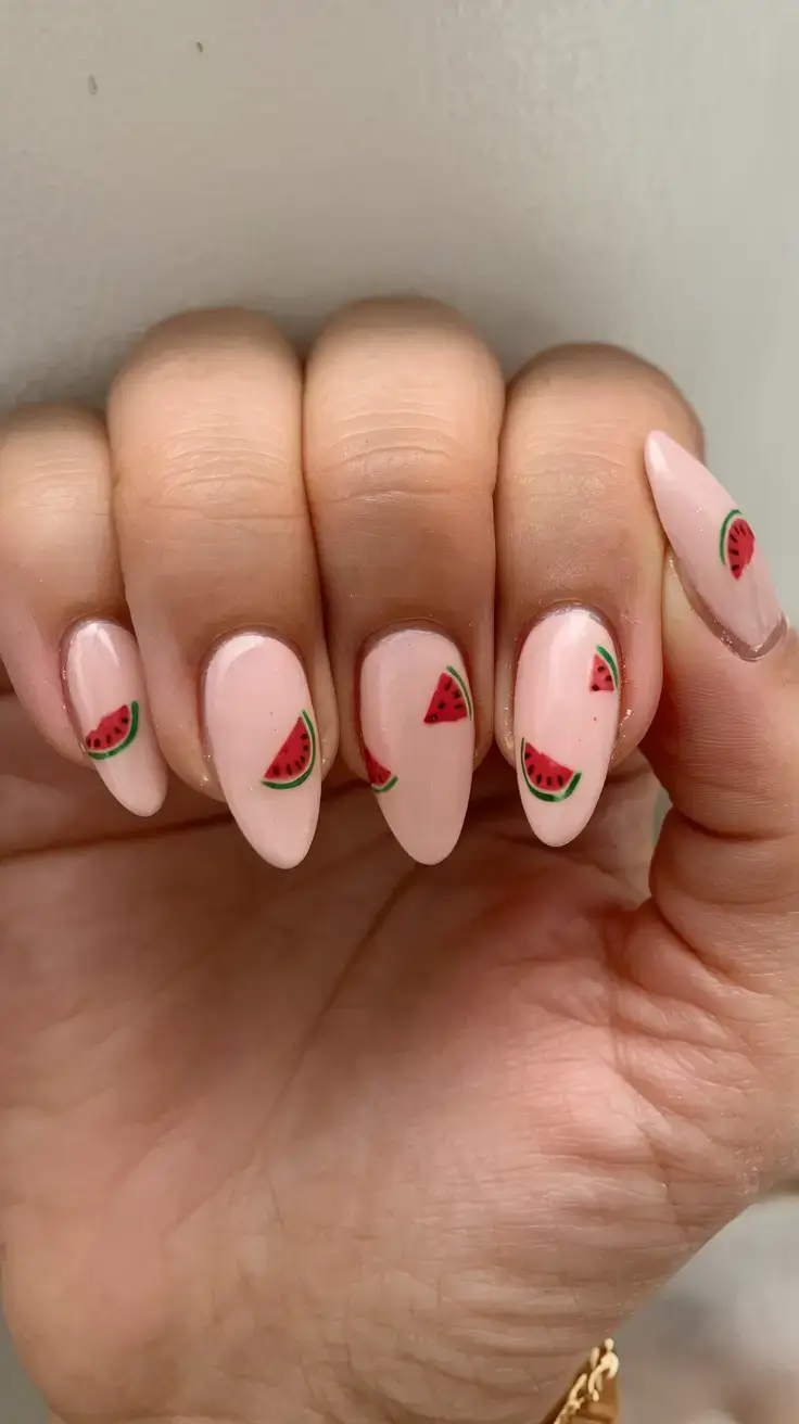 juicy watermelon nails to try in 2025 Minimal Nude with Micro Slices