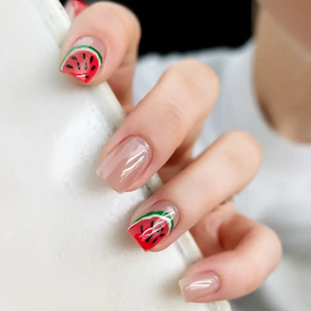 juicy watermelon nails to try in 2025 Minimal Square Melon Accent