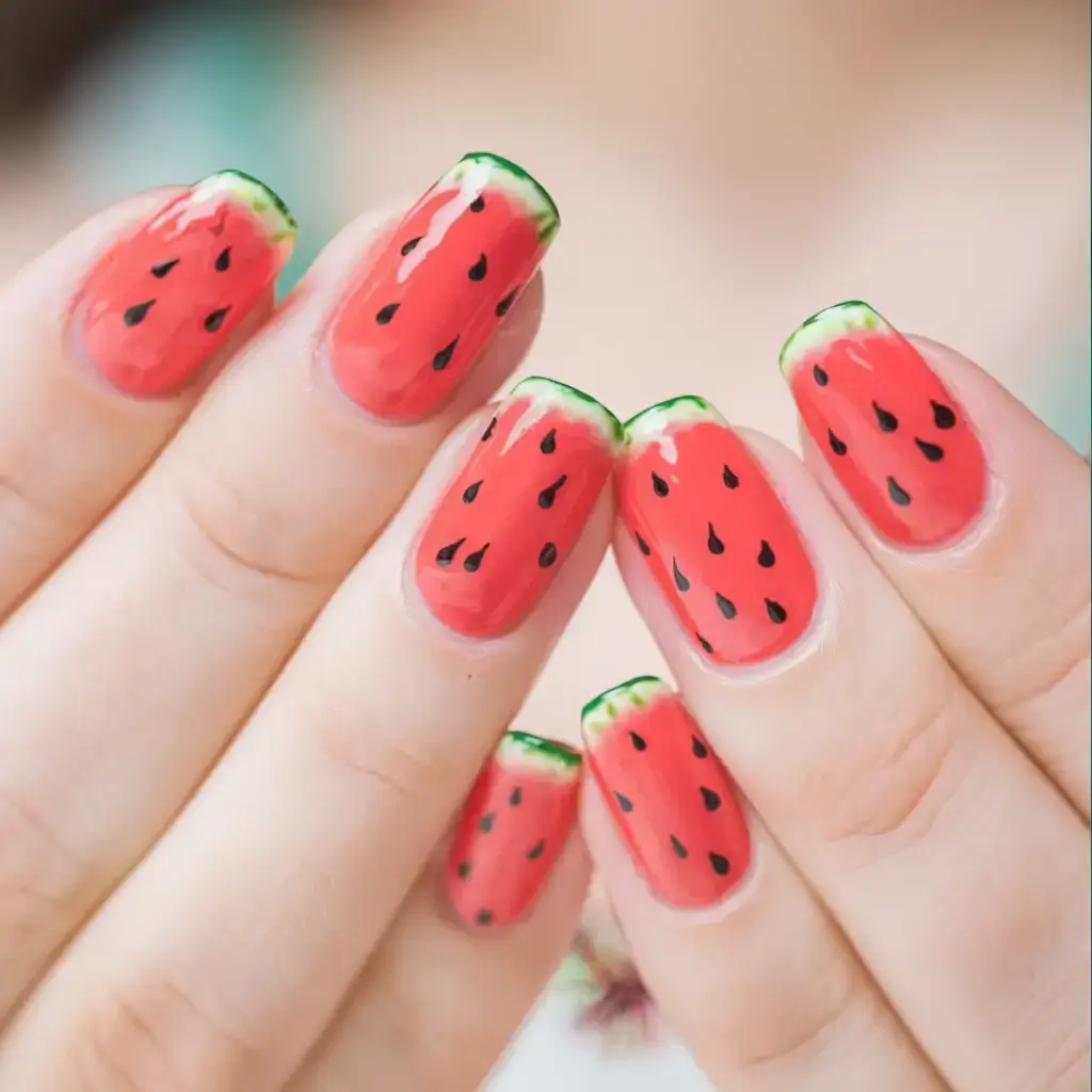 juicy watermelon nails to try in 2025 Glossy Full-Fruit Melon Design