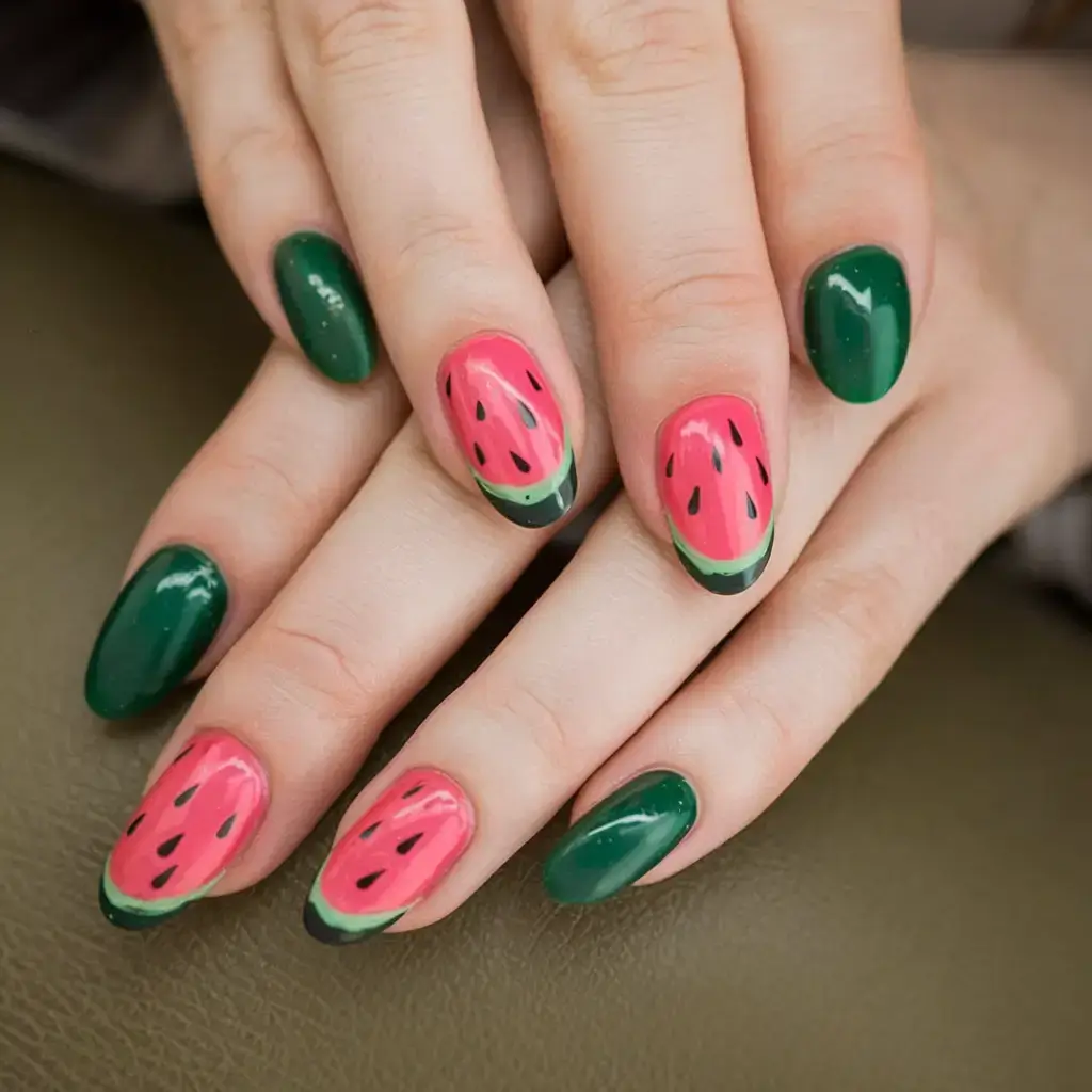 juicy watermelon nails to try in 2025 Dark Green Contrast Melon Nails