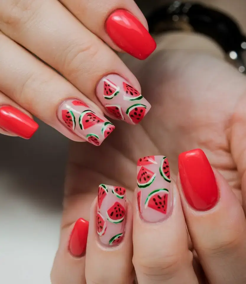 juicy watermelon nails to try in 2025 Half-Moon Watermelon Party