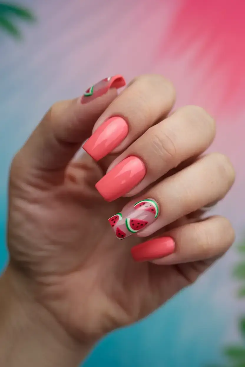 juicy watermelon nails to try in 2025 Coral Dreamy Watermelon Accent