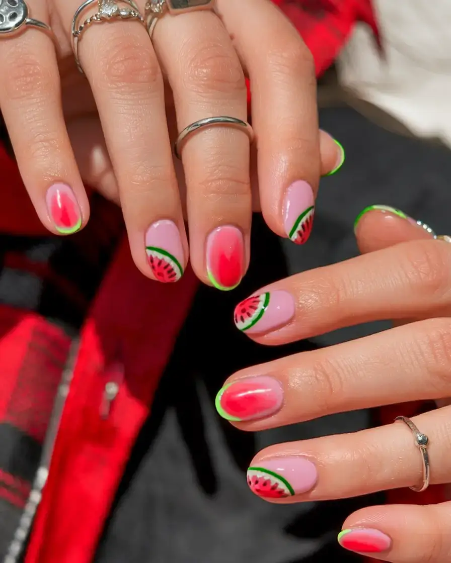 juicy watermelon nails to try in 2025 Neon Glow Melon Tips