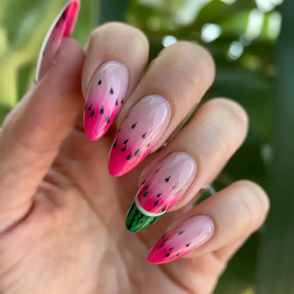 juicy watermelon nails to try in 2025 Elegant Ombre Drop Seeds