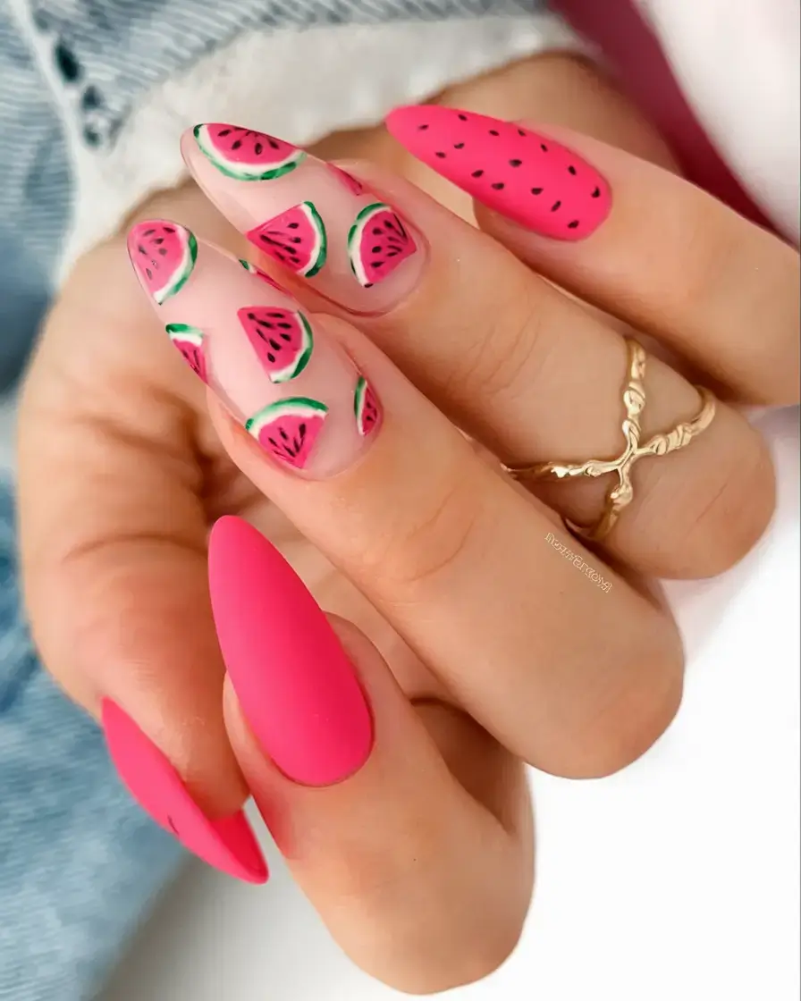 juicy watermelon nails to try in 2025 Matte Watermelon Party