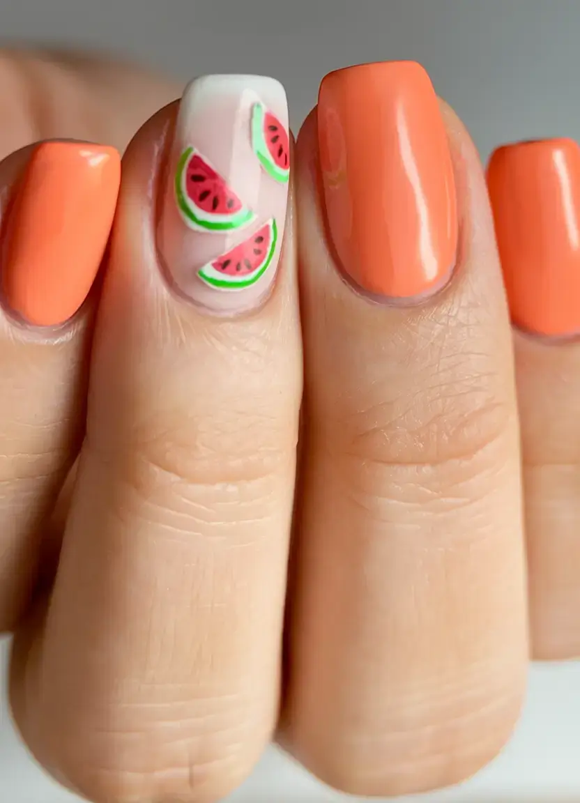 juicy watermelon nails to try in 2025 Peachy Watermelon Accent
