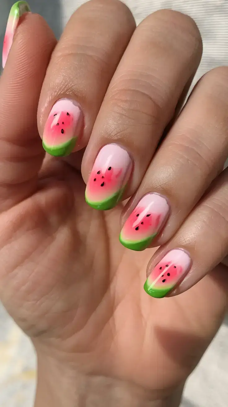juicy watermelon nails to try in 2025 Blushed Melon French Fade