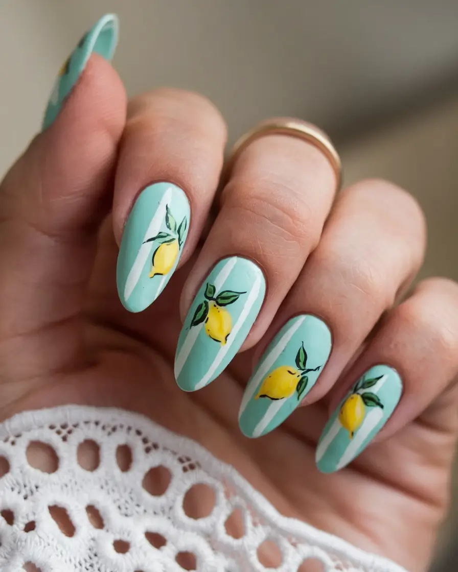 lemon nail designs for summer 2025 Vintage Aqua Vibes With Lemons