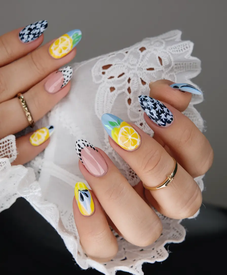 lemon nail designs for summer 2025 Eclectic Citrus Patchwork