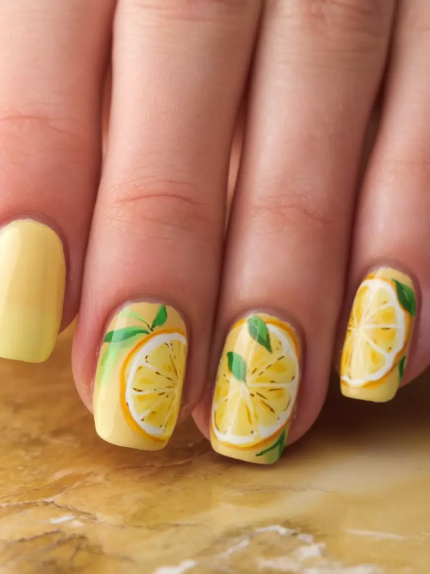 lemon nail designs for summer 2025 Hand-Painted Realistic Lemons on Gradient Yellow