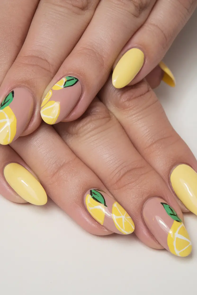 lemon nail designs for summer 2025 Neutral Base with Bright Lemon Accents