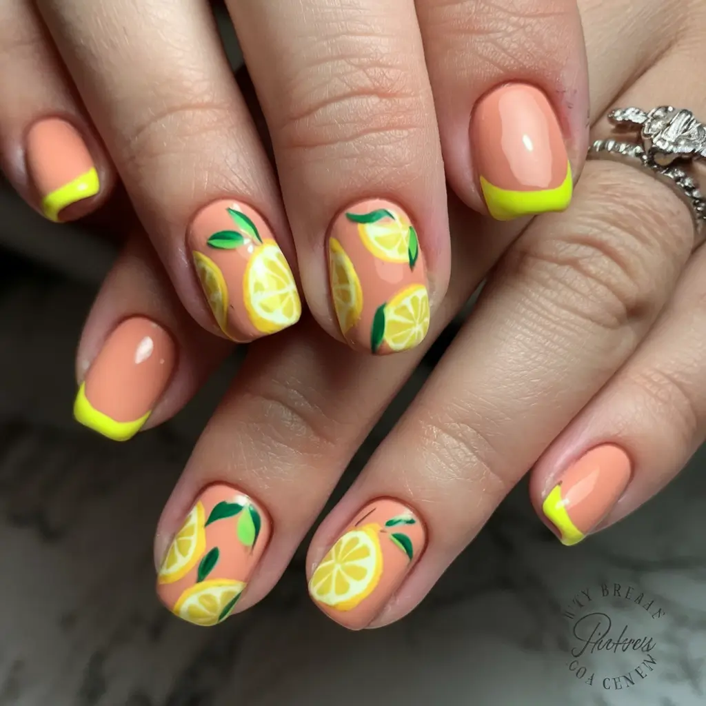 lemon nail designs for summer 2025 Peachy French Lemon Art
