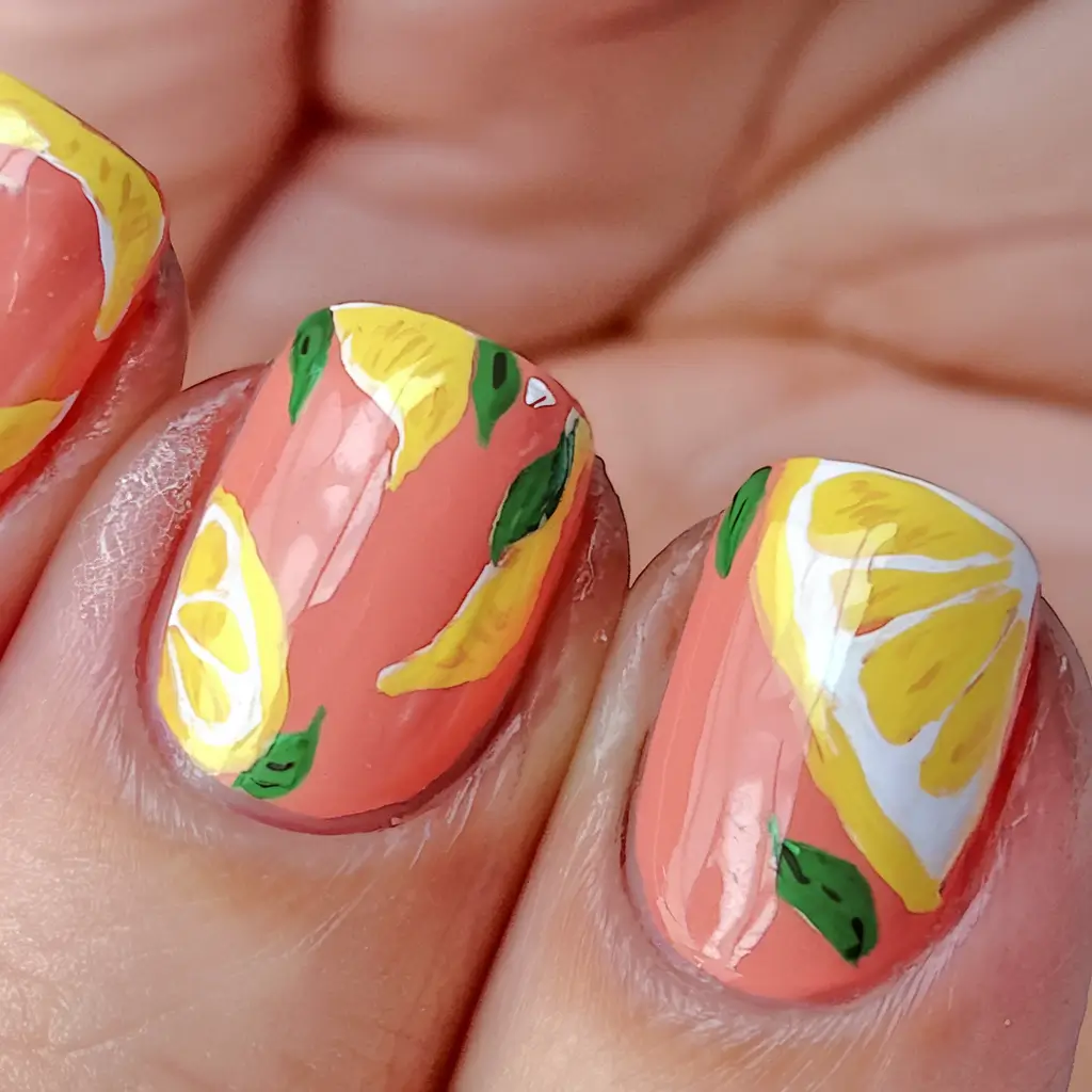 lemon nail designs for summer 2025 Coral Crush with Scattered Lemons
