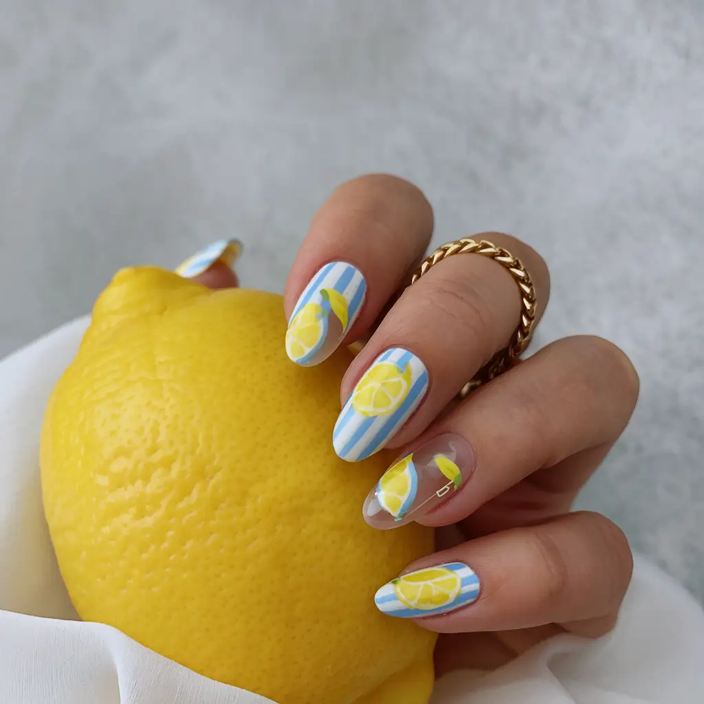 lemon nail designs for summer 2025 Striped Riviera Lemons