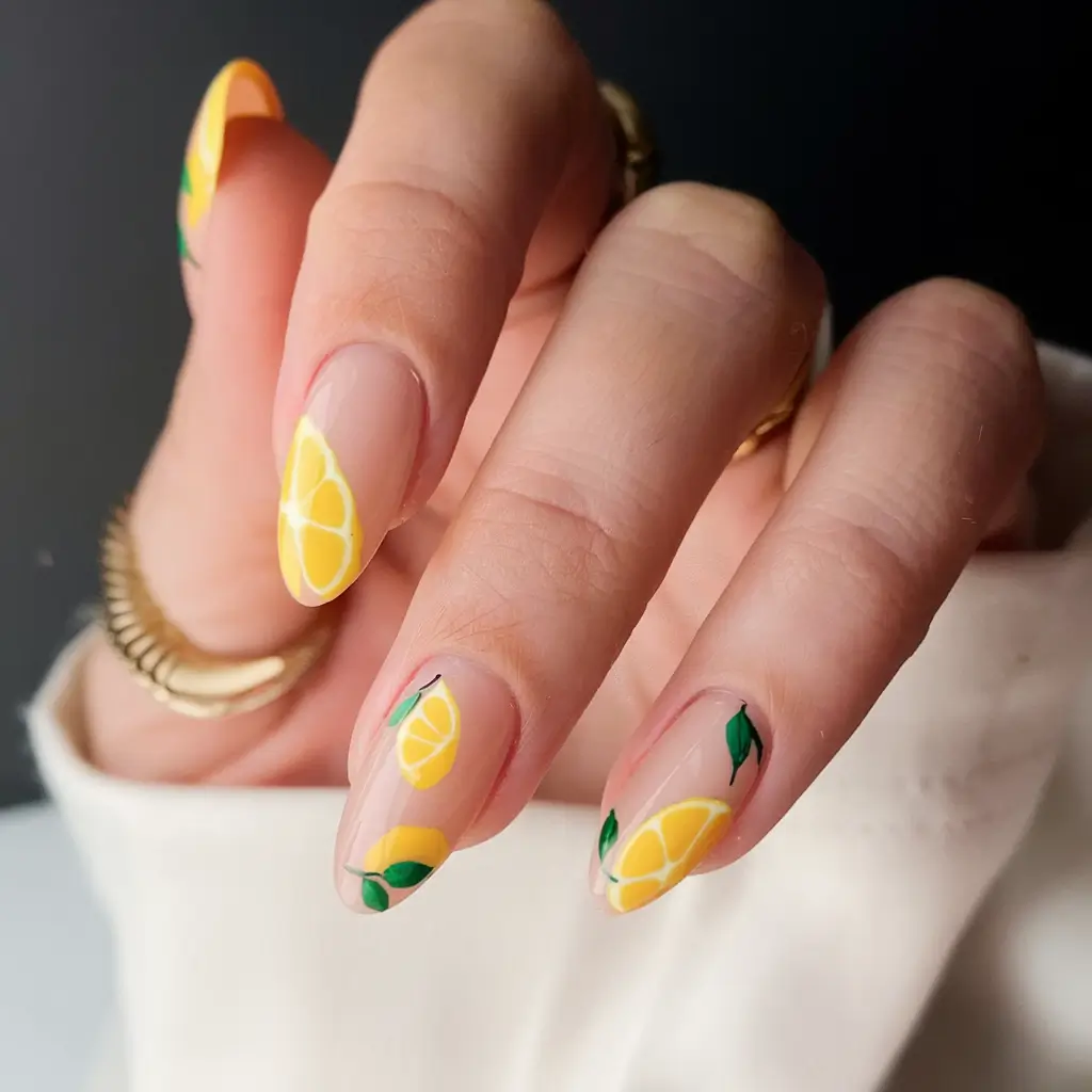 lemon nail designs for summer 2025 Delicate Minimal Lemons on Bare Nails