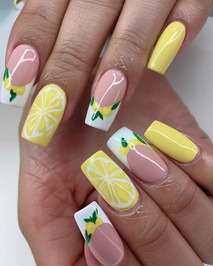 lemon nail designs for summer 2025 Geometric French Lemon Combo