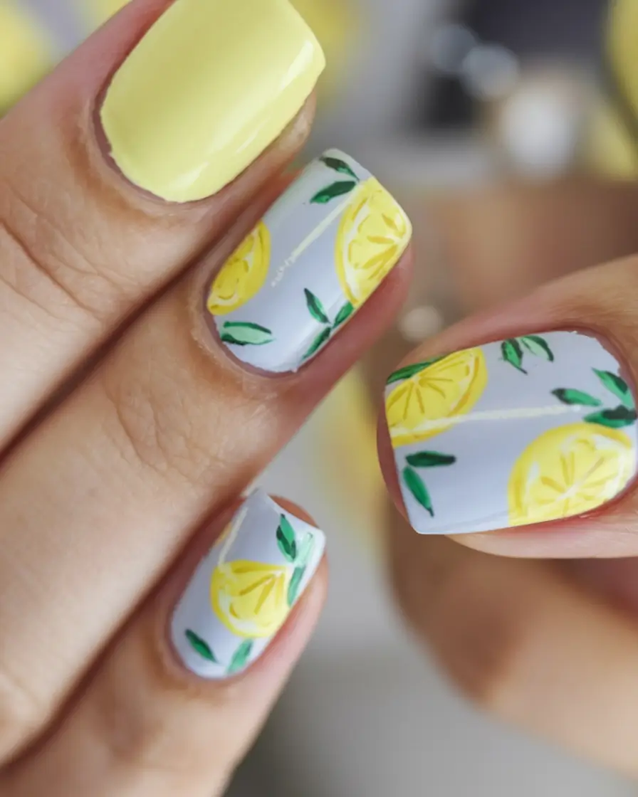lemon nail designs for summer 2025 Pastel Periwinkle with Floating Lemons