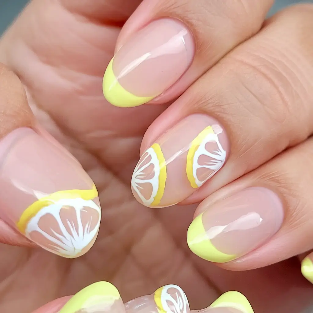 lemon nail designs for summer 2025 Pastel Lemon Segments with Sheer Base