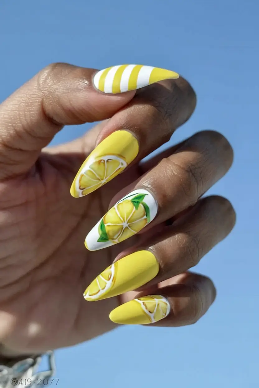lemon nail designs for summer 2025 Striped Sunshine with Statement Lemons
