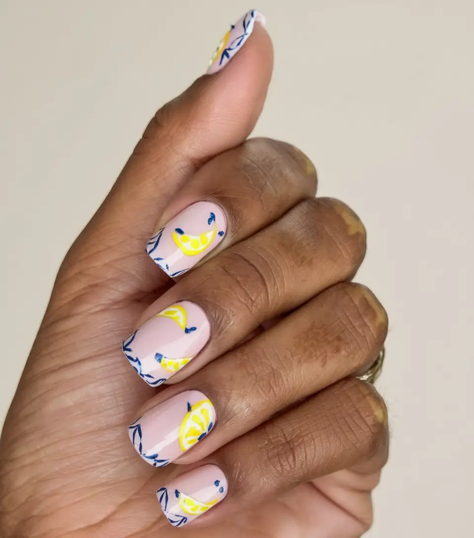 lemon nail designs for summer 2025 Minimal French With Blue Botanical Accents