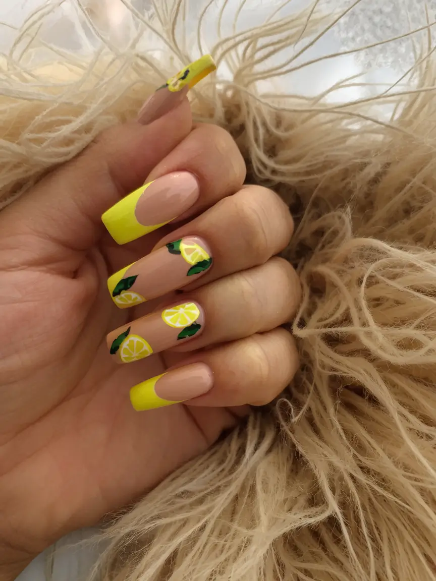 lemon nail designs for summer 2025 High Contrast French Tips with Lemon Detail