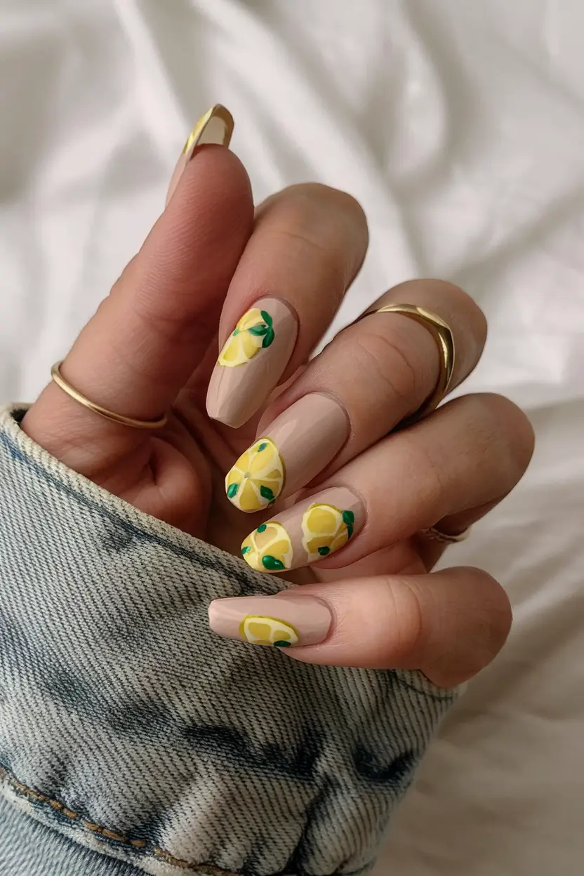 lemon nail designs for summer 2025 Lemon Clusters on Matte Neutral