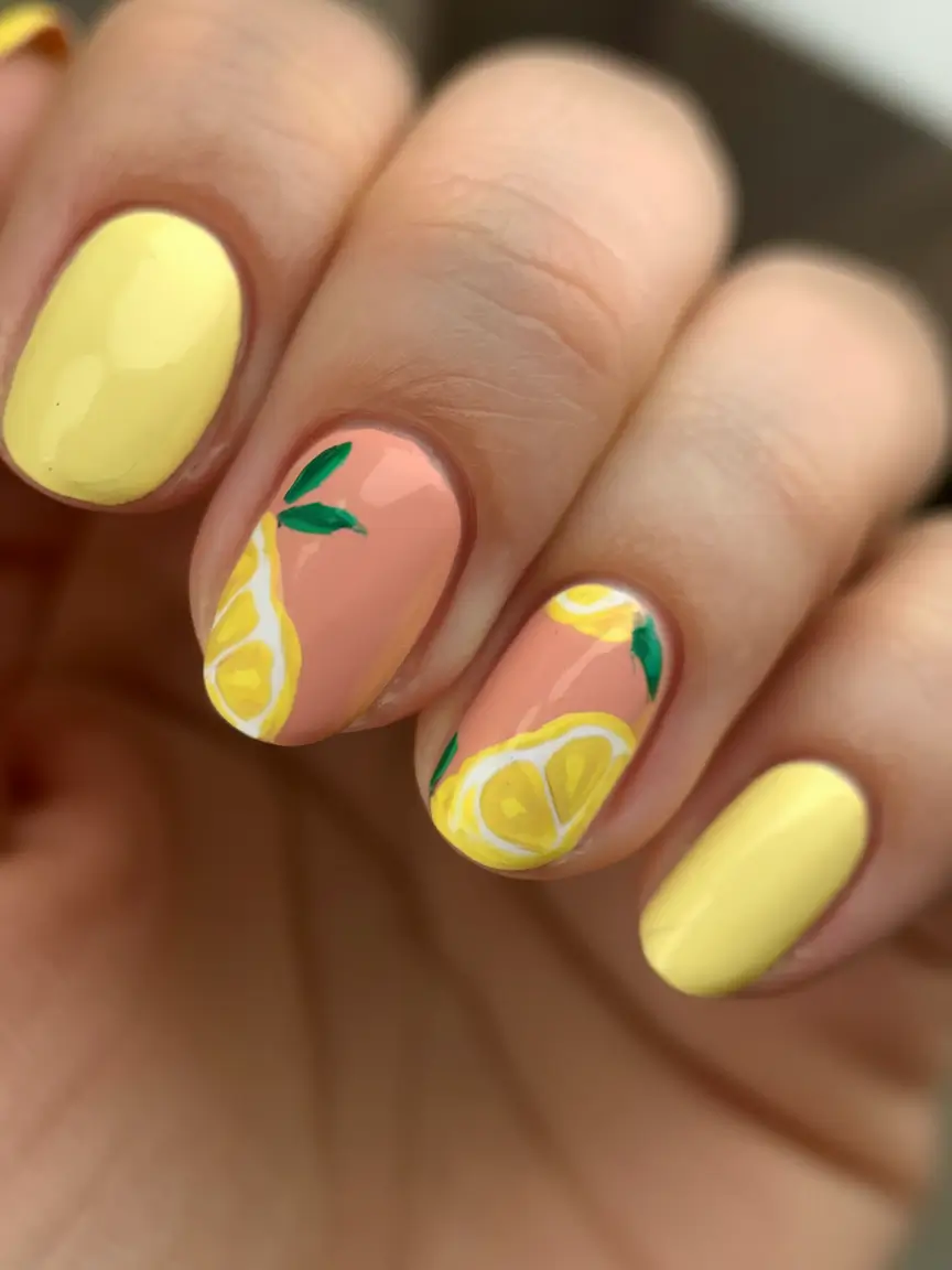 lemon nail designs for summer 2025 Peachy Neutrals With Sweet Lemon Pops