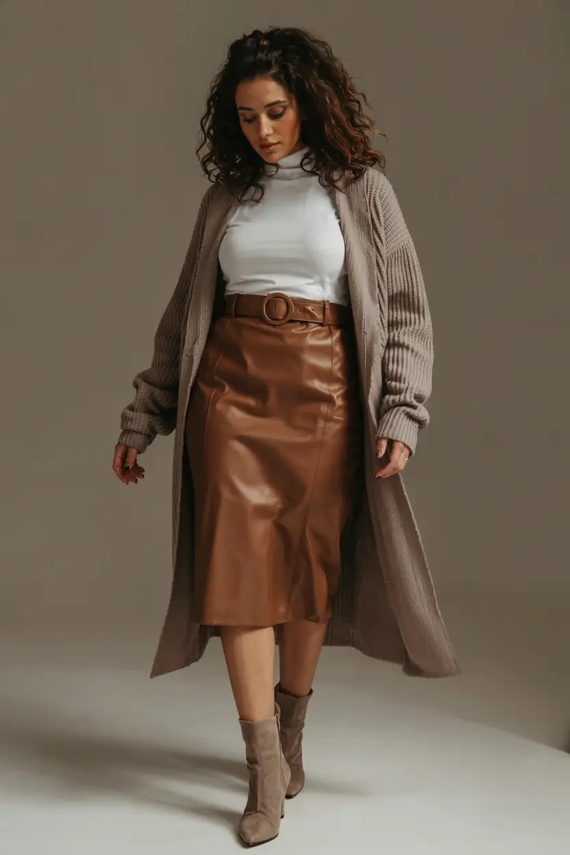 midsize fall outfits ideas 2025-Warm Leather and Gentle Knits
