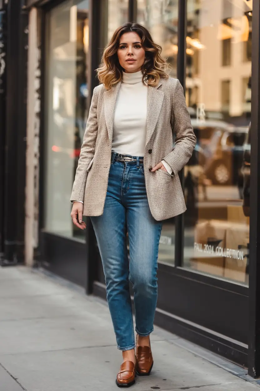midsize fall outfits ideas 2025-City Smart in Tweed and Denim