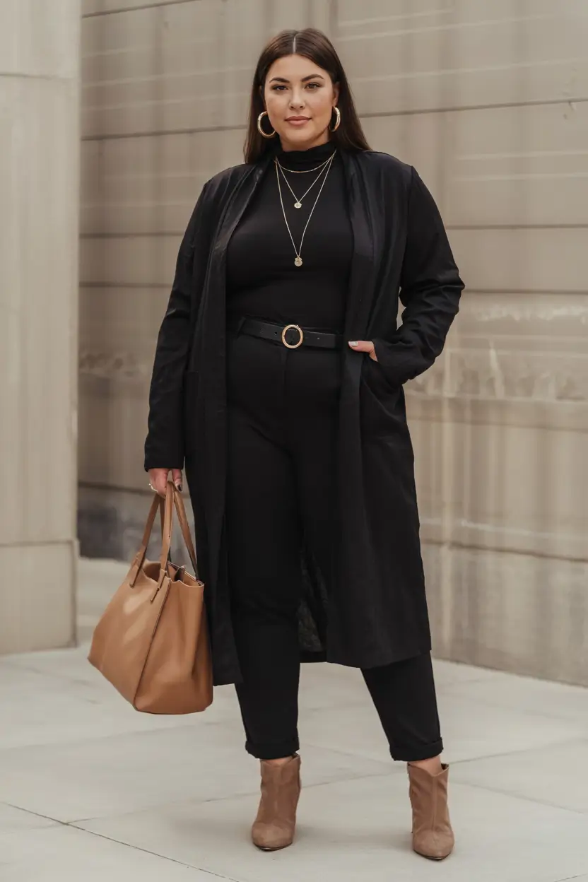 midsize fall outfits ideas 2025-Monochrome Black With Strong Contrast